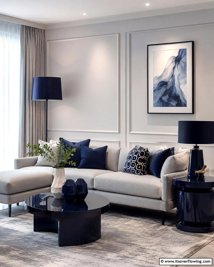 Light Grey Walls with Navy Blue Accessories - 30 Soothing Blue & Grey Living Room Designs for Relaxing Spaces