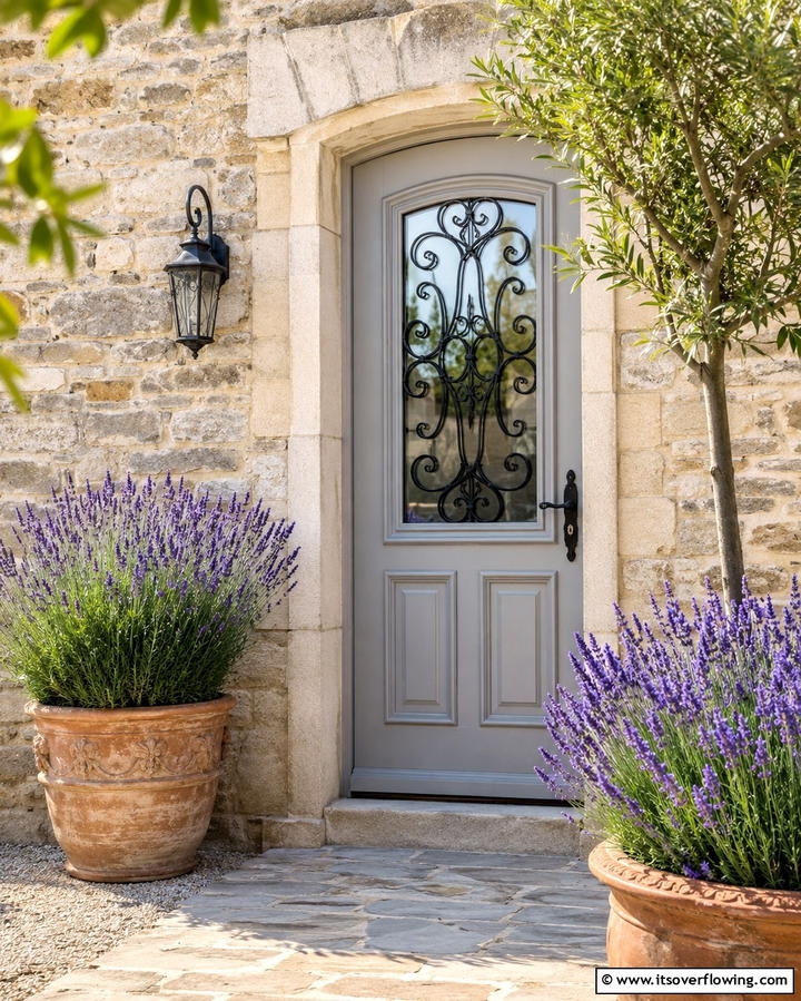 Light Grey with Wrought Iron Details - 25 Grey Front Door Ideas for a Chic and Modern Entryway