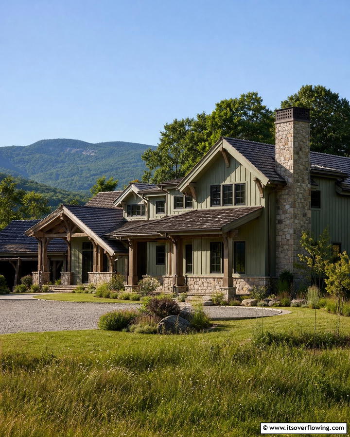 Light Olive Green with Stone Details - 25 Olive Green House Exterior Ideas for a Fresh and Natural Look