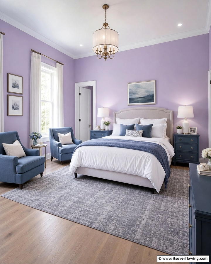 Light Purple Walls with Blue Furniture - 20 Blue and Purple Bedroom Ideas- Vibrant & Cozy Designs