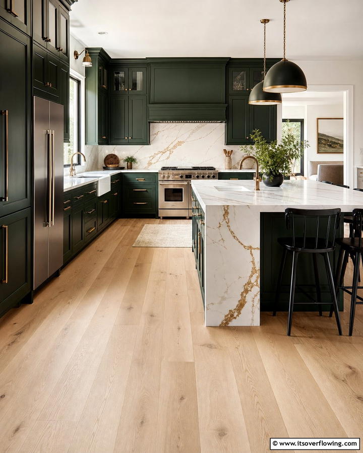 Light Wood Floors with Bold Cabinet Colors - 25 Light Wood Floor Kitchen Ideas for a Bright Space