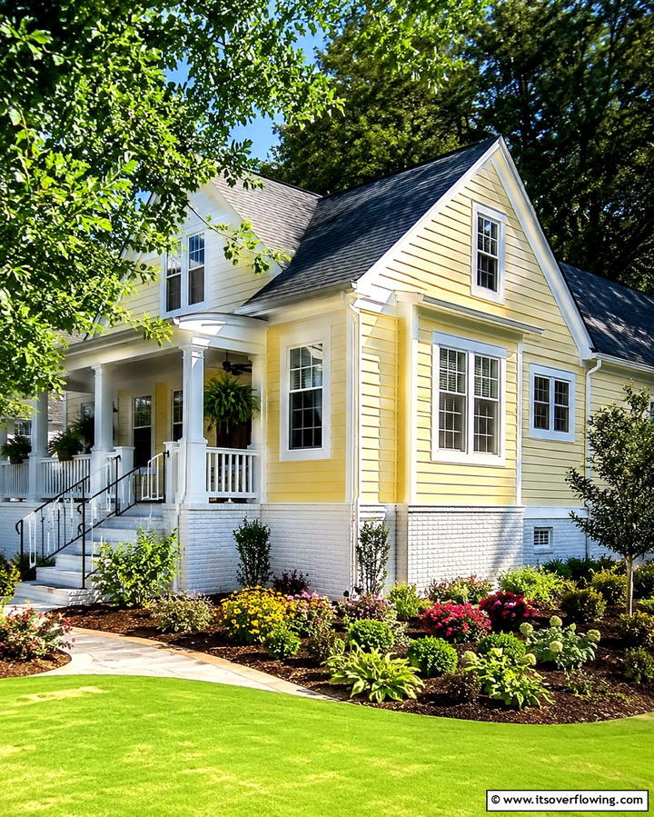 Light Yellow Vinyl with White Brick - 25 Vinyl Siding and Brick Combinations for Curb Appeal