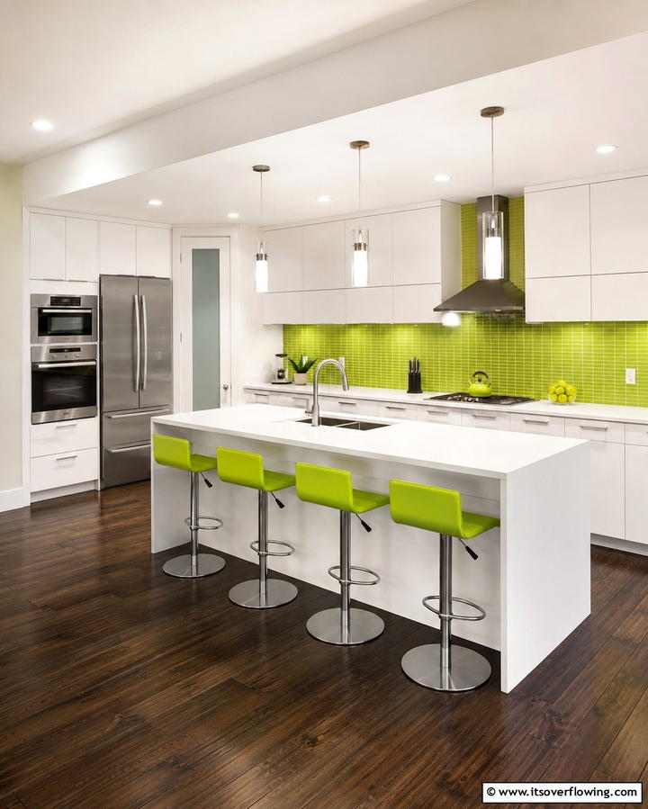 Lime Green Accents with Dark Brown Flooring - 25 Warm Green and Brown Kitchen Design Ideas