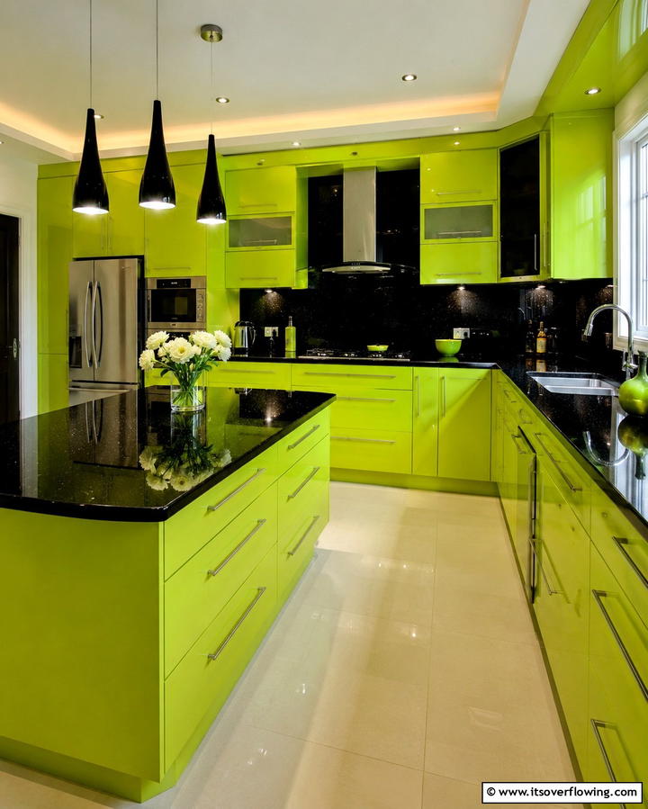 Lime Green Cabinets with Glossy Black Countertops - 30 Green Kitchen Cabinets & Black Countertops Pairing Ideas