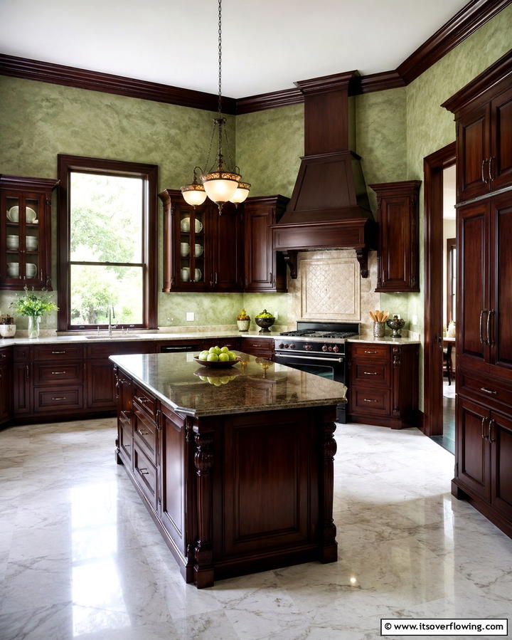 Limewash Green Walls with Dark Mahogany - 25 Warm Green and Brown Kitchen Design Ideas