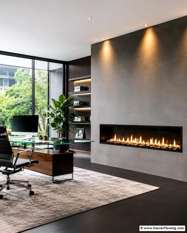 Linear Gas Fireplace for a Sleek Look - 25 Home Office With Fireplace Ideas for Cozy Workspaces