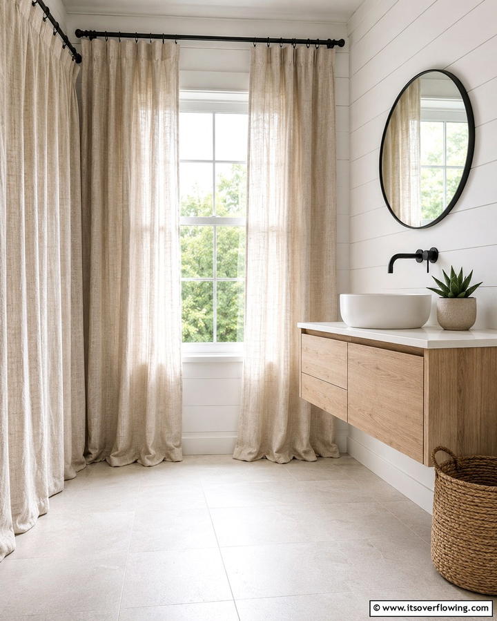 Linen Curtains for a Natural Look - 25 Bathroom Curtain Ideas for Privacy and Style