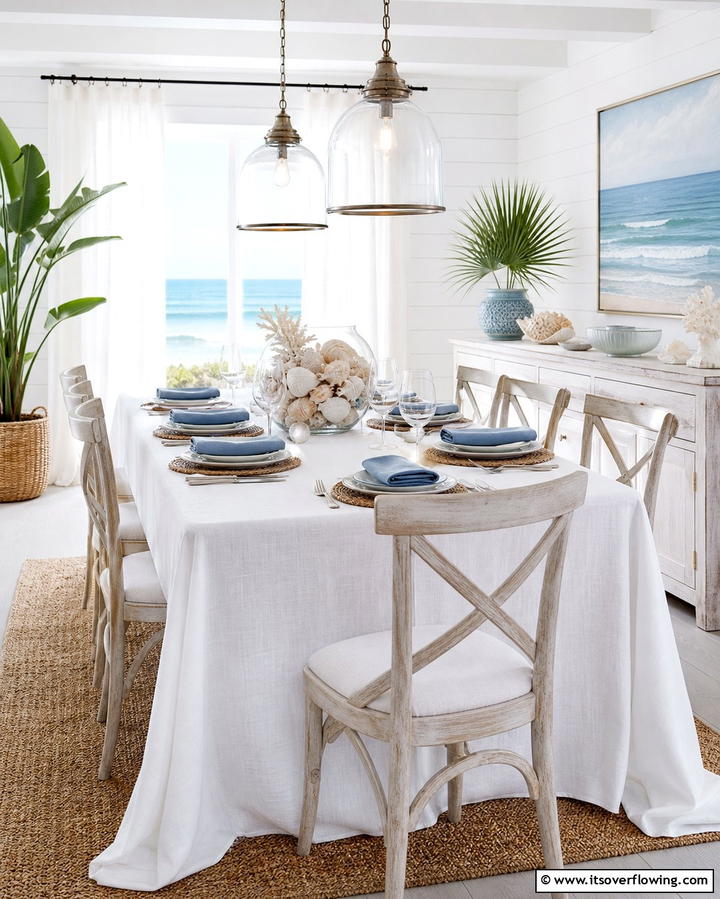 Linen Tablecloths and Napkins - 25 Coastal Dining Room Ideas for a Beachy Vibe