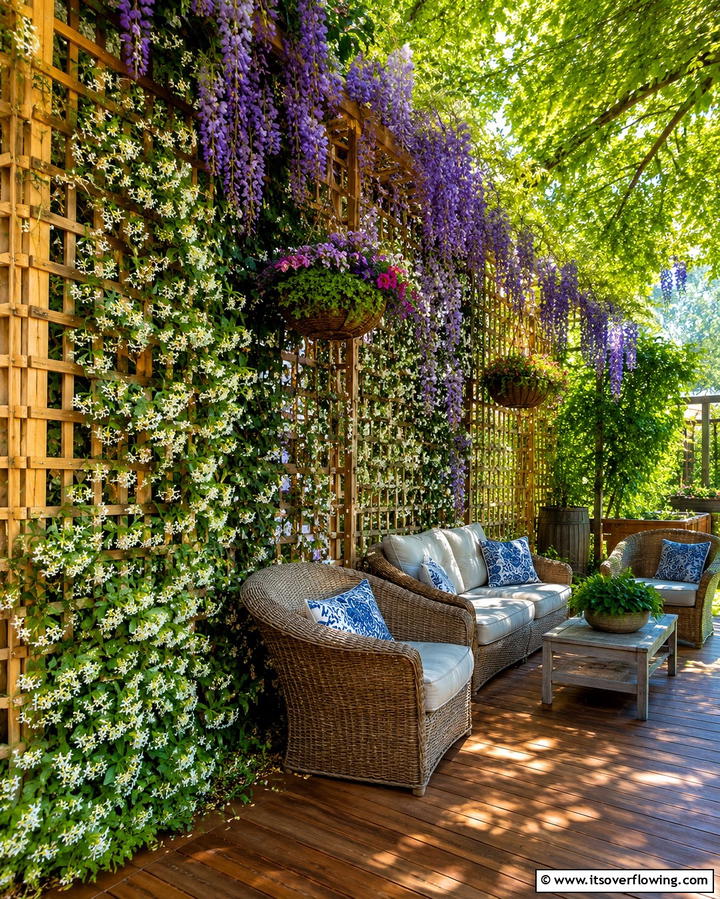 Living Lattice Walls with Climbing Plants - 25 Innovative Deck Lattice Ideas to Enhance Outdoor Spaces