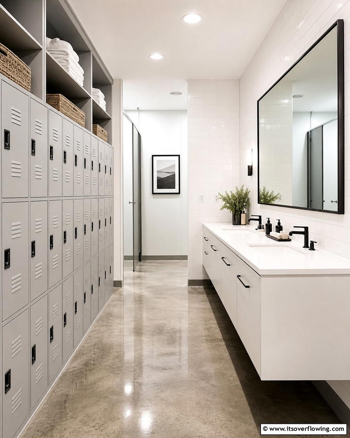Locker Style Storage for Organization - 20 Office Bathroom Ideas for a Functional and Stylish Space