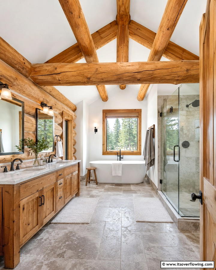 Log Beam Ceilings - 25 Log Cabin Bathroom Ideas for a Rustic and Relaxing Retreat