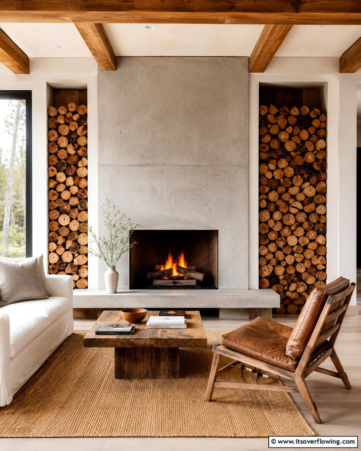 Log Stack Storage - 25 Rustic Fireplaces to Warm Up Your Living Space