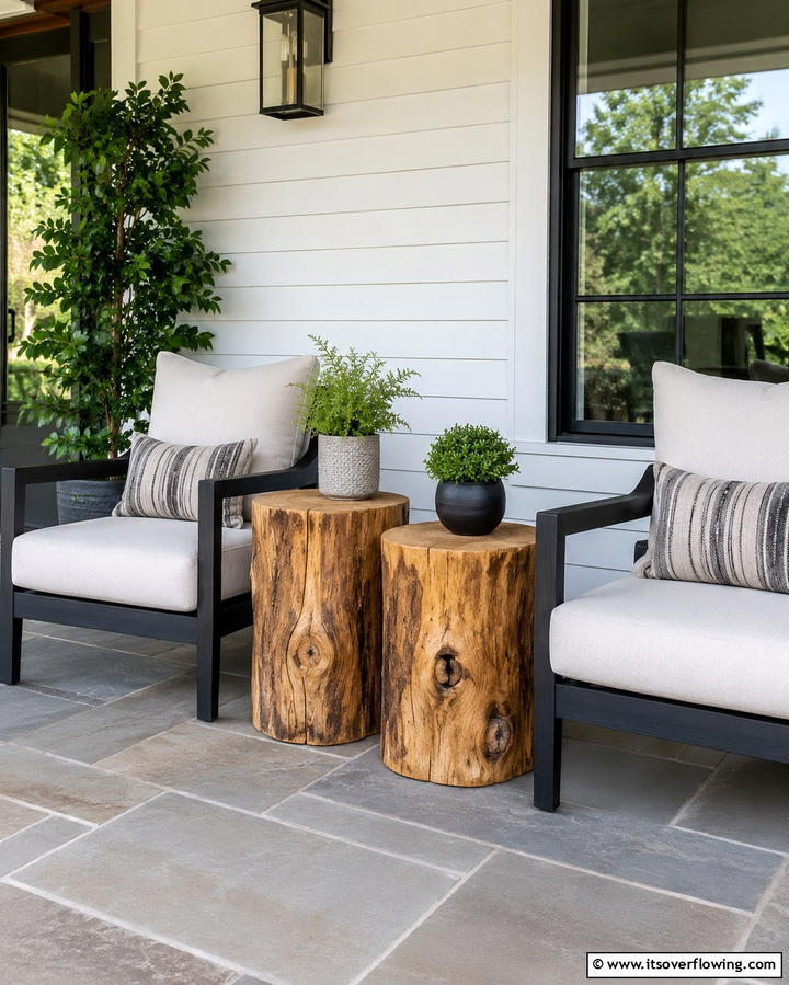 Log Stump Side Tables - 25 Rustic Porch Ideas to Create a Cozy Outdoor Retreat