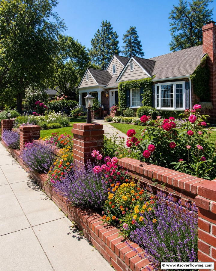 Low Brick Fence with Flower Bed Integration - 20 Front Yard Brick Fence Ideas for a Classic Look
