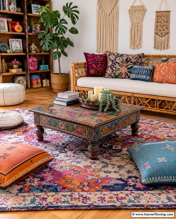 Low Coffee Tables with Personality - 25 Colorful Boho Living Room Ideas for a Vibrant Space