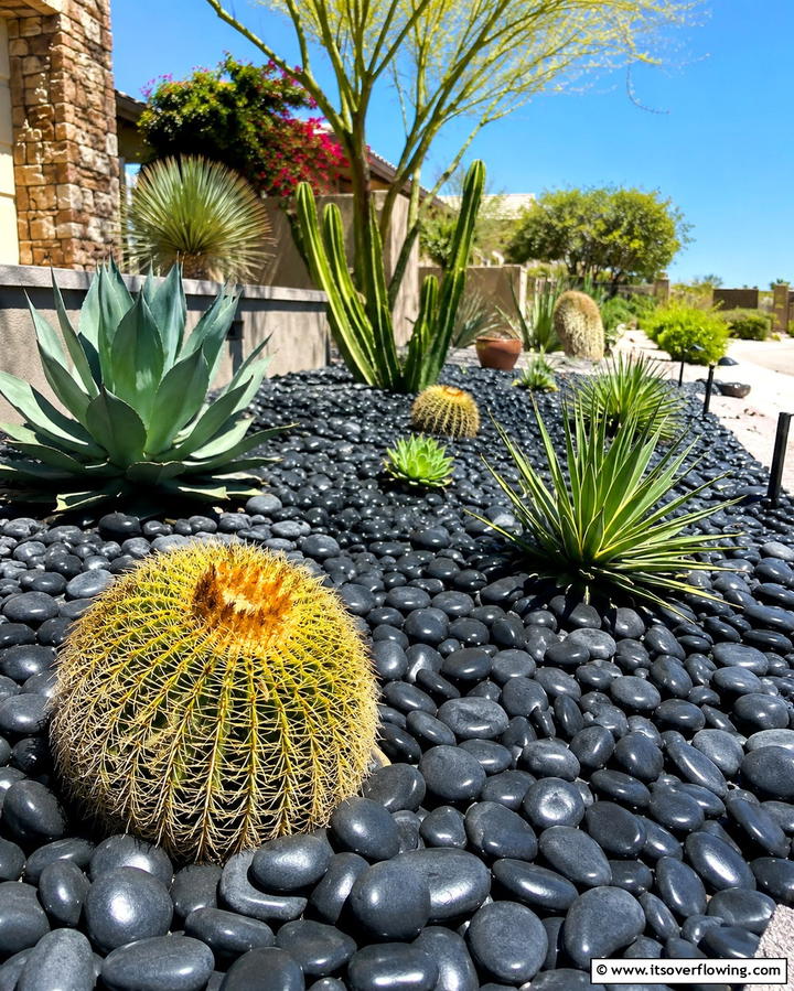Low Maintenance Rock Oasis - 30 Natural Black River Rock Landscaping Ideas for Texture