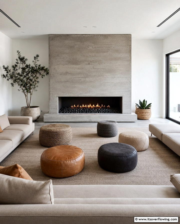 Low Poufs for Casual Comfort - 25 Fireplace Seating Ideas to Cozy Up Your Living Room
