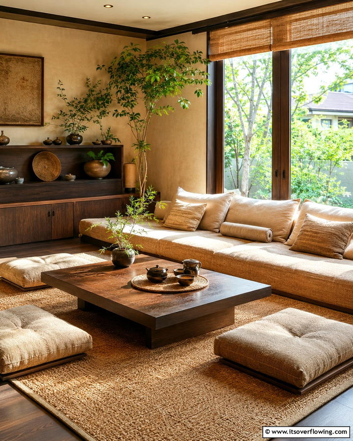 Low Seating Arrangements - 30 Serene Zen Living Room Ideas for Mindfulness