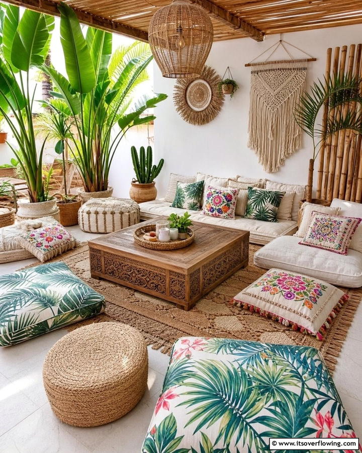 Low Seating Arrangements - 20 Bohemian Tropical Decor Ideas for a Vibrant Home