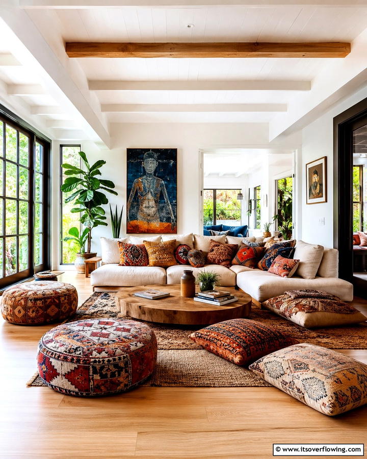 Low Slung Seating - 25 Moody Boho Living Room Ideas for a Cozy Vibe
