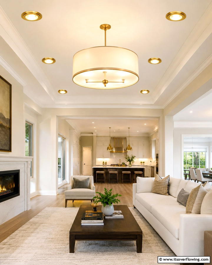 Luminous Cream and Gold Ceiling Fixtures - 30 Elegant Cream & Gold Living Room Themes for Luxe Interiors