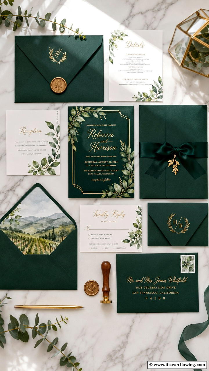Lush Emerald Invitations - 30 Emerald Green Wedding Ideas for Luxurious Celebrations