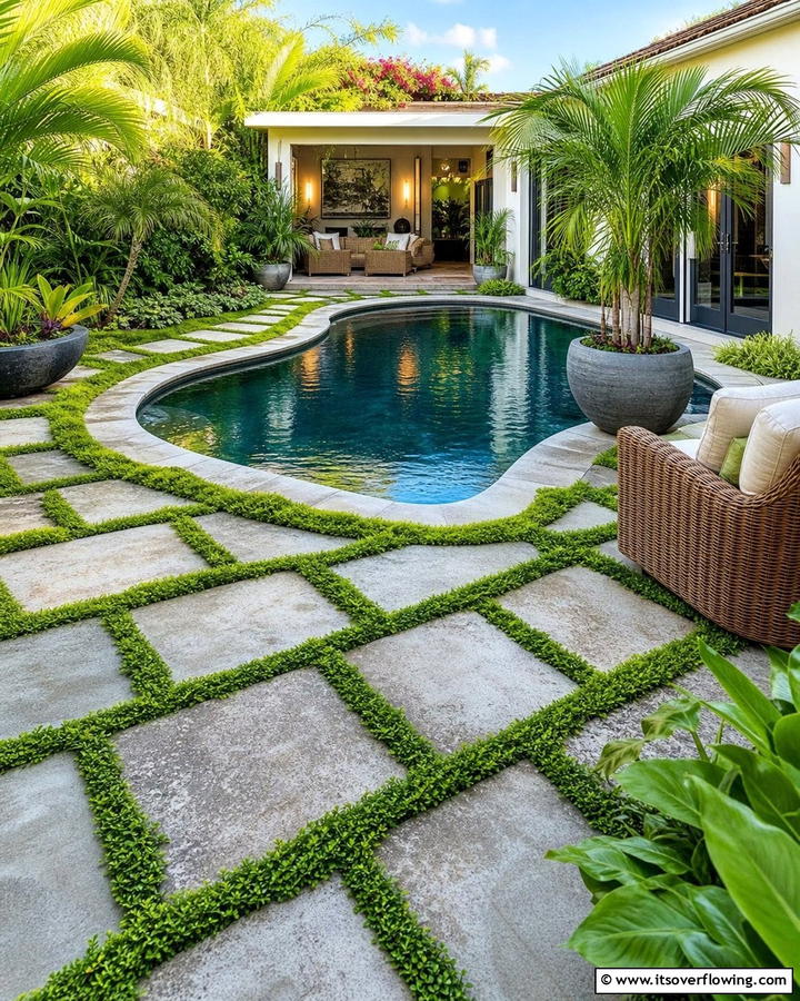 Lush Green Accents - 30 Concrete Pavers Around Pool Ideas for Durable Style