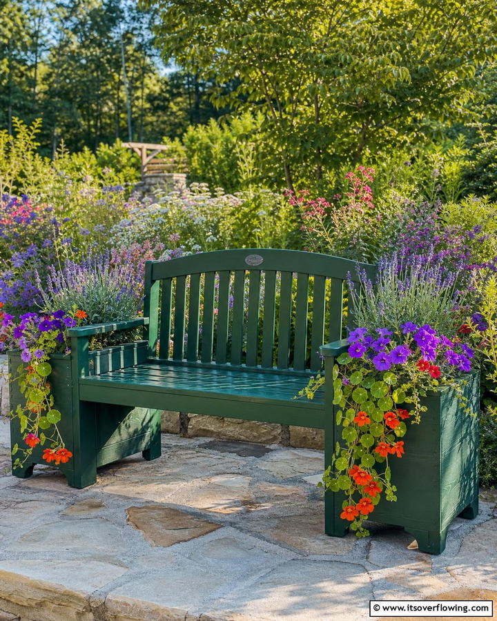 Lush Green Garden Bench with Planters - 30 Charming Garden Bench Ideas for Relaxing Outdoor Spaces