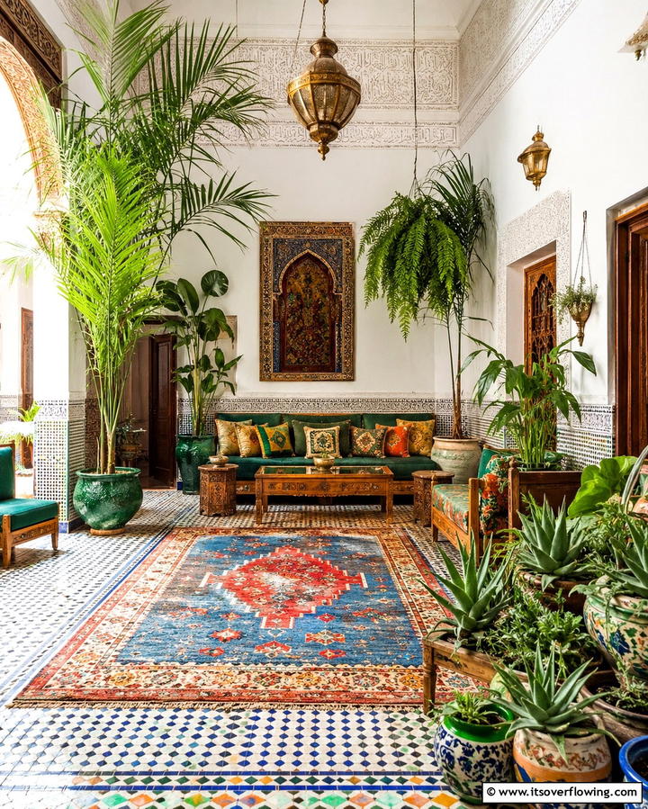 Lush Green Indoor Plants - 30 Moroccan Living Room Ideas for Exotic Elegance