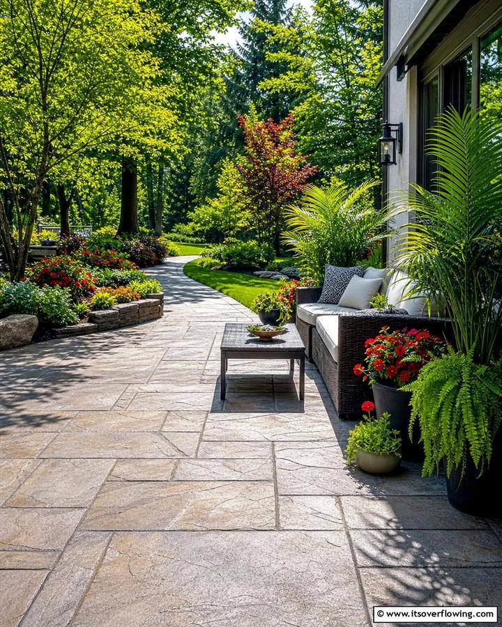 Lush Green Integration - 21 Stamped Concrete Patio Designs to Elevate Outdoor Spaces
