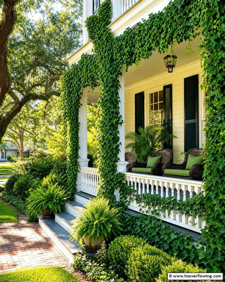 Lush Green Ivy Climbing - 30 Southern Front Porch Ideas for Welcoming Outdoor Spaces