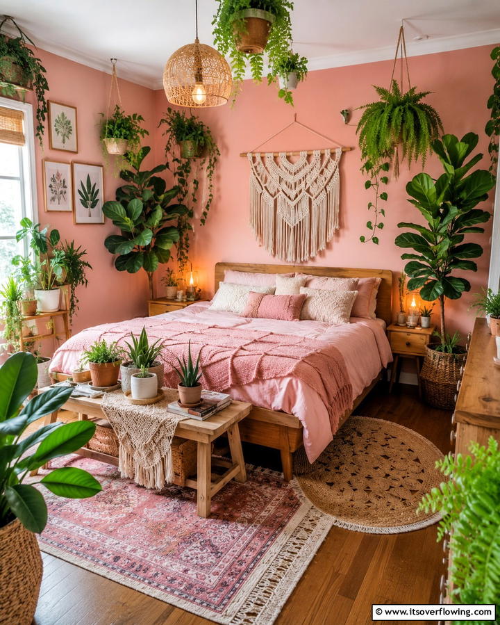 Lush Indoor Plants and Natural Green - 30 Pink Boho Bedroom Ideas for a Chic and Cozy Retreat