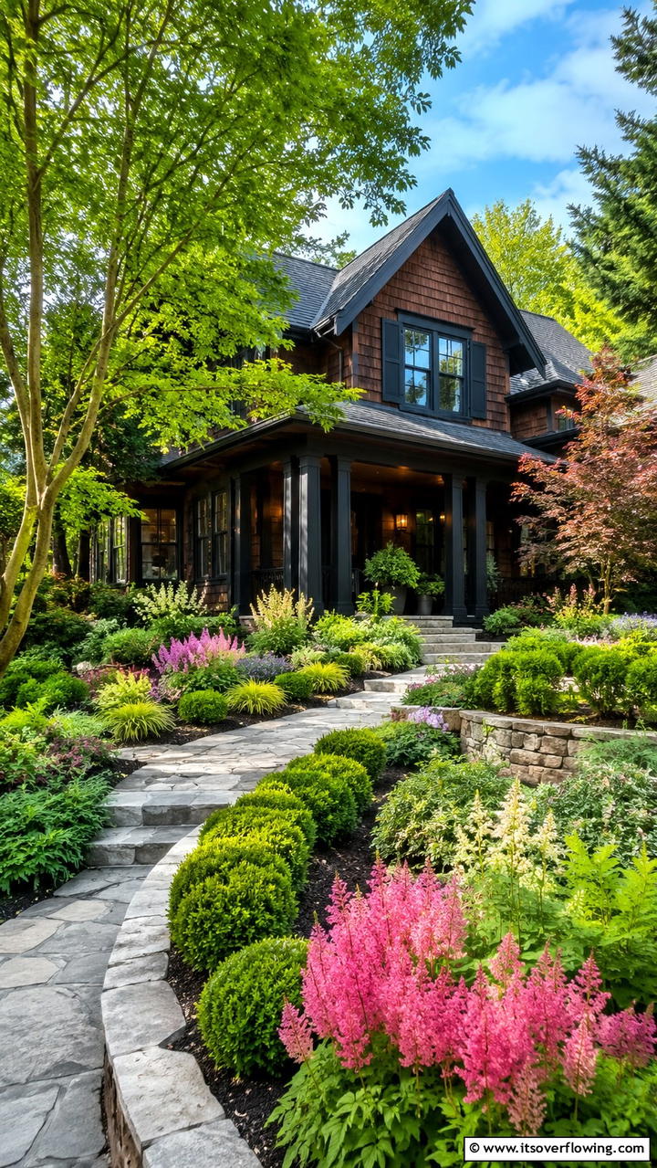 Lush Landscaping Accents - 30 Dark Brown House With Black Trim Exterior Design Ideas