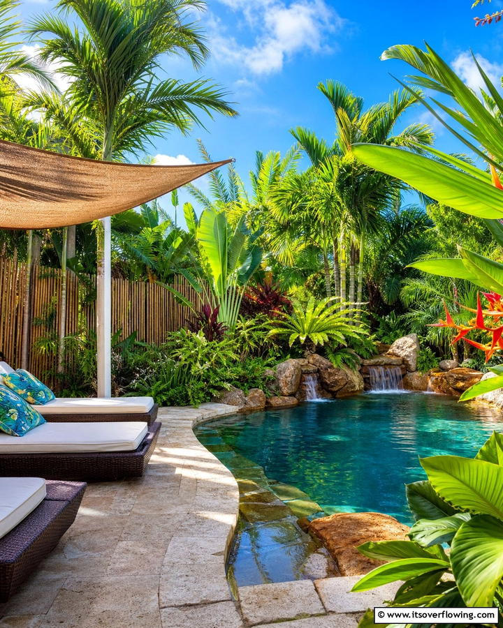 Lush Tropical Landscape Pool Deck - 21 Pool Deck Layouts for Safe & Stylish Swimming Areas
