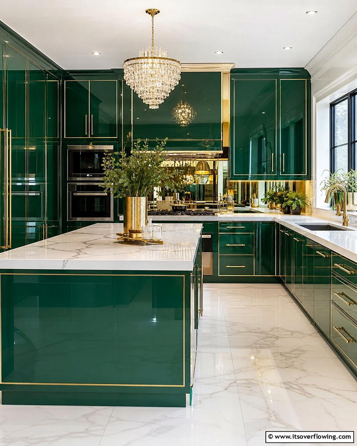 Lustrous Emerald Green Gloss Cabinets - 21 Green Kitchen Cabinet Ideas for a Vibrant Culinary Space