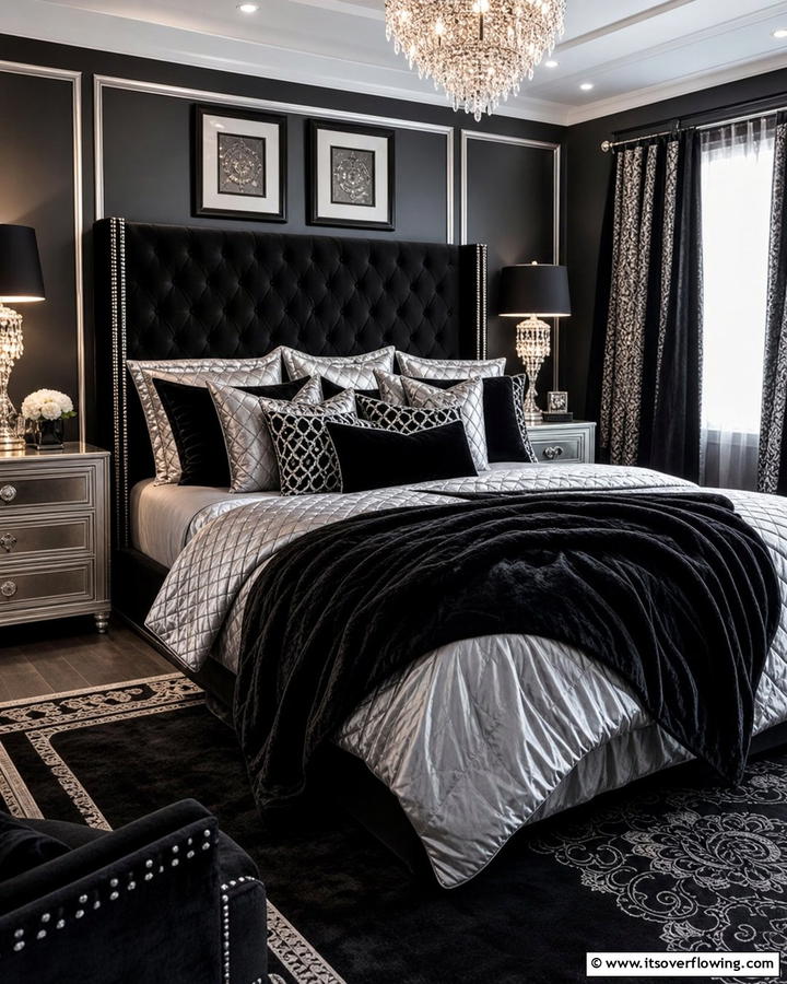 Luxe Bedding Layers - 20 Black and Silver Bedroom Ideas for a Sleek Aesthetic