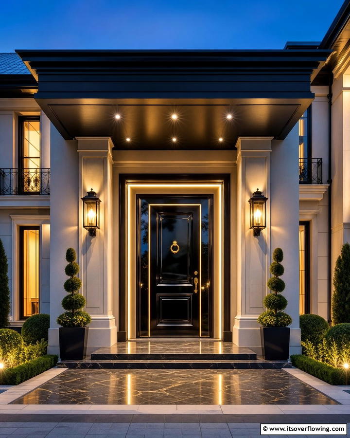 Luxe Black with Illuminated Entryway - 21 Black Front Door Ideas for Bold First Impressions