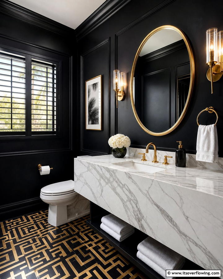 Luxe Gold Fixtures - 25 Elegant Black Powder Room Ideas for a Bold Look