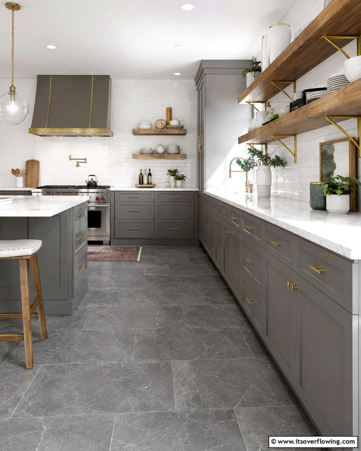 Luxe Grey Kitchen with Open Shelving - 30 Kitchens with Grey Floors- Sleek & Modern Flooring Ideas