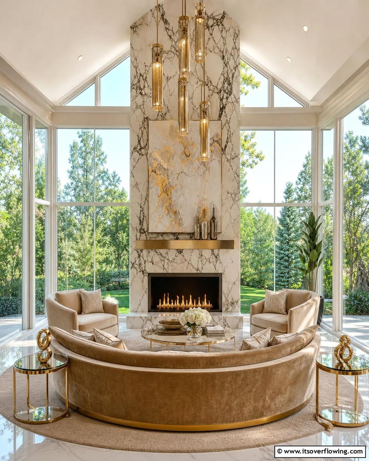 Luxe Sunroom with Custom Built Fireplace Centerpiece - 30 Sunroom With Fireplace Ideas for Year-Round Comfort