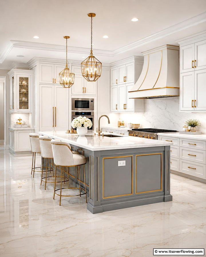 Luxe Touch with White Cabinets and a Grey Island with Gold Details - 25 White Kitchen Cabinets with Grey Island Ideas