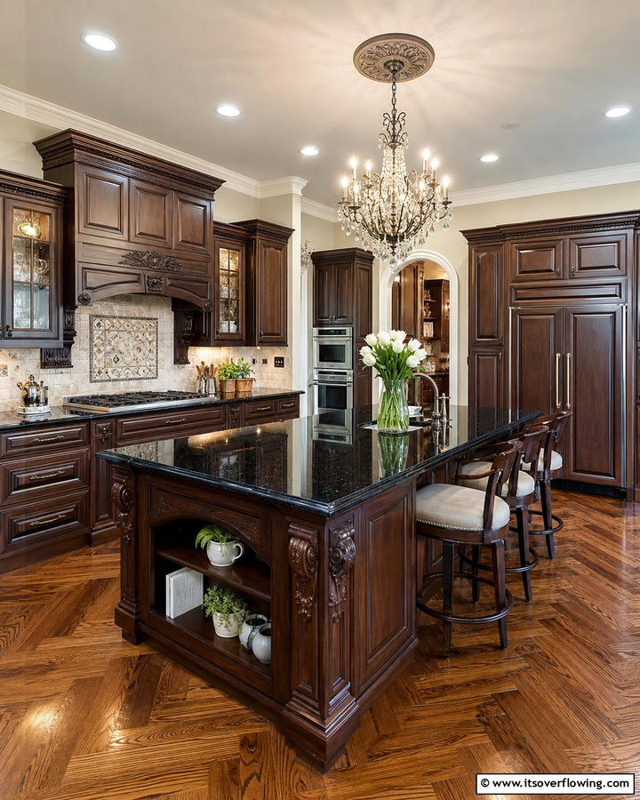 Luxe Traditional Kitchen with Rich Tones - 20 Kitchen Ideas with Brown Cabinets and Black Countertops