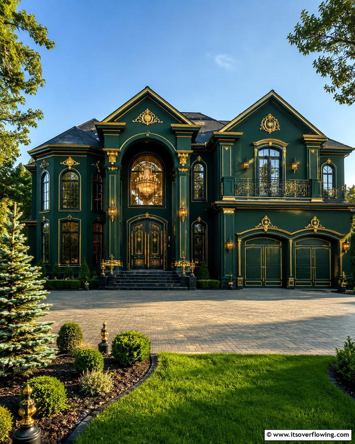 Luxurious Appeal with Dark Green and Gold Details - 30 Stunning Dark Green Exterior House Designs for Curb Appeal