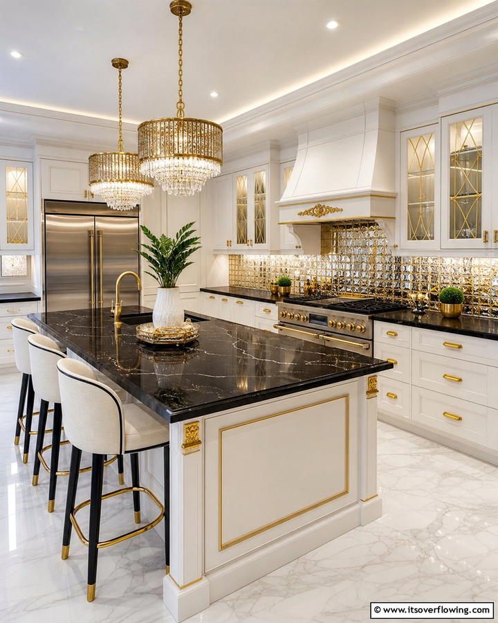 Luxurious Appeal with Gold Accents - 20 Kitchen Ideas with Dark Countertops and Light Cabinets