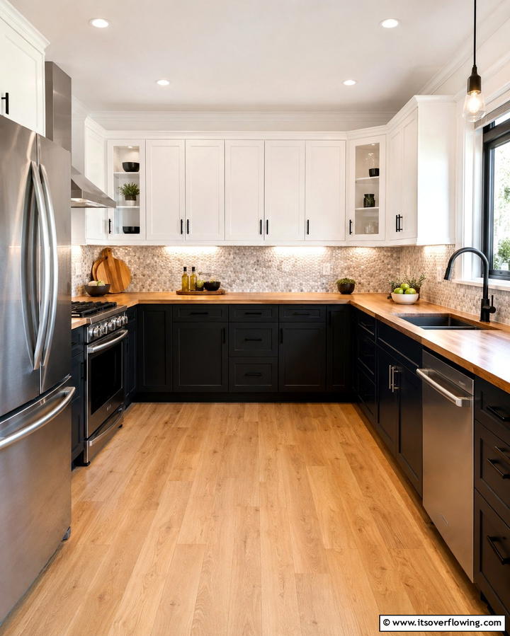 Luxurious Appeal with Marble Details - 25 Kitchen With Black Cabinets And Wood Countertops Ideas