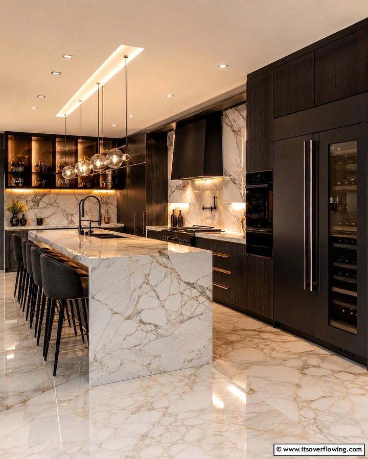 Luxurious Appeal with Marble Surfaces - 25 Kitchen With Black Appliances for a Sleek and Modern Look