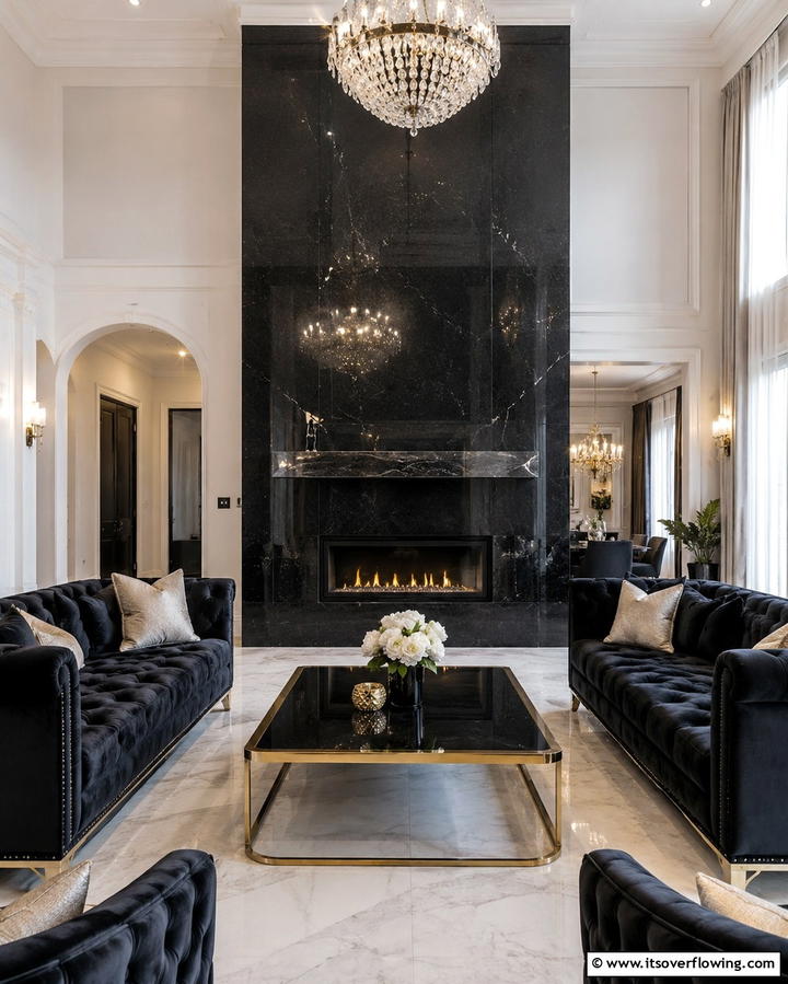 Luxurious Black Granite Finish - 30 Bold Black Fireplace Ideas to Elevate Your Living Room