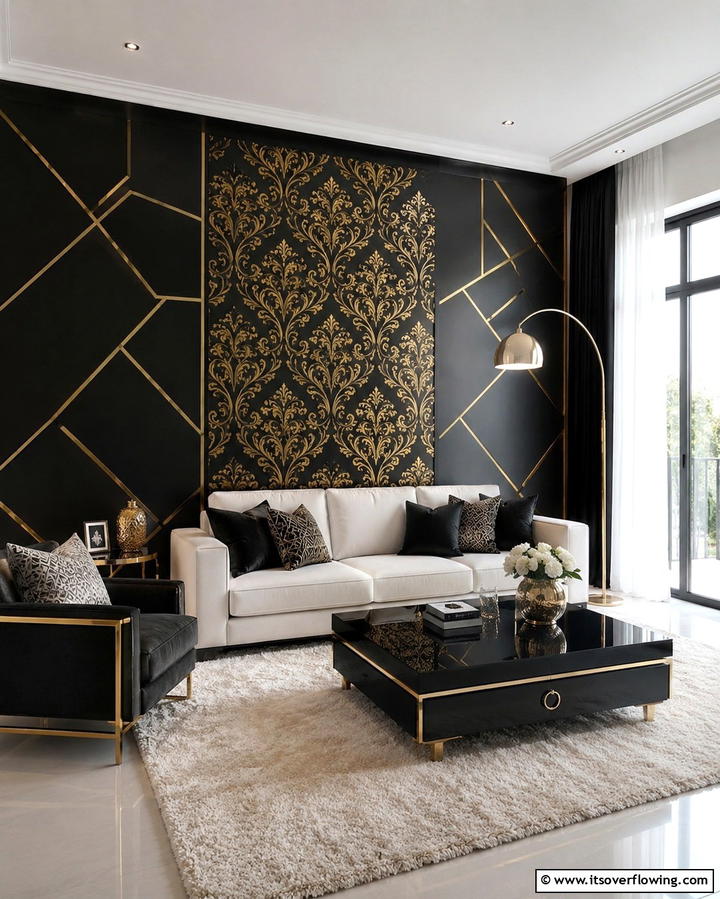 Luxurious Black and Gold Accent Wall - 25 Black and Gold Living Room Ideas for a Luxurious Feel