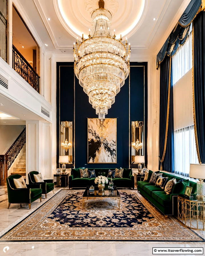 Luxurious Chandelier Statement - 30 Living Room Ceiling Lighting Ideas- Elevate Your Space