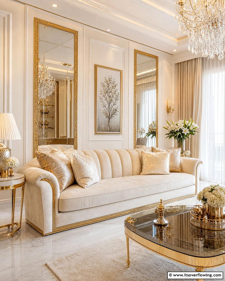 Luxurious Cream Couch with Gold Accents - 25 Cream Couch Living Room Ideas for Timeless Elegance